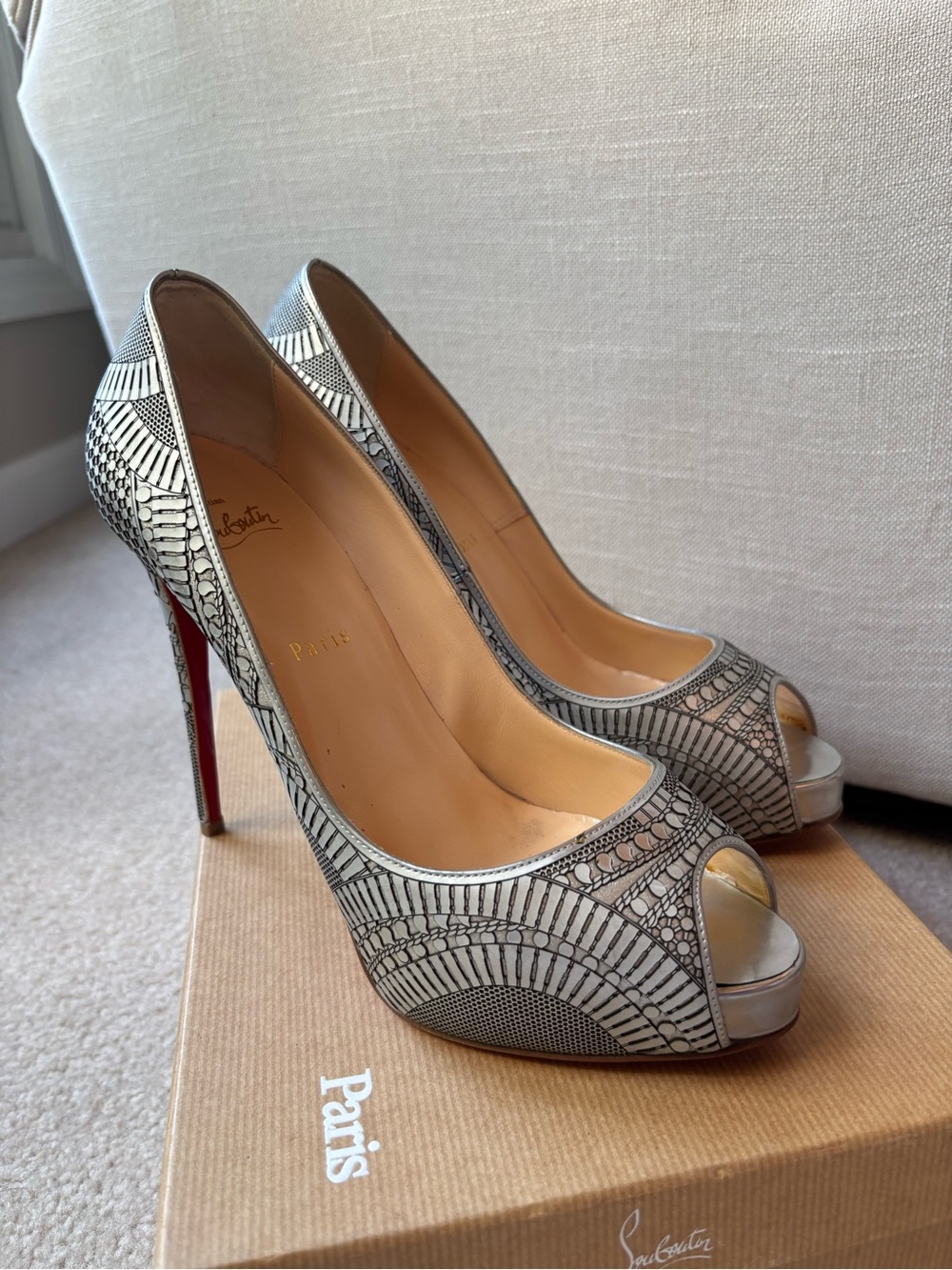 New! Christian Louboutin Suellena Laser Cut  Peep-Toe Stilettos